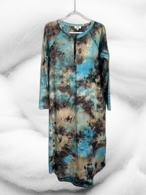 Umgee Teal Brown Black Cream Tie-Dye Long Sleeve Henley Dress